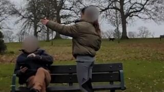Dude on park bench totally OWNS influencer chick who complained he was ruining her shot