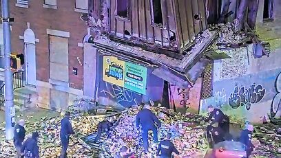 Suspect crashes stolen car into building, causing it to collapse police released the video