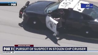 Guy jumps out of stolen cop car at 70mph, SkyFOX catches it on video