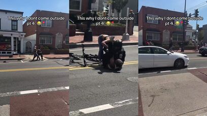 Cop rides bicycle into a fist fight face first, takes them both on