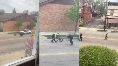 Guy escapes fight with cop, rides away on bicycle