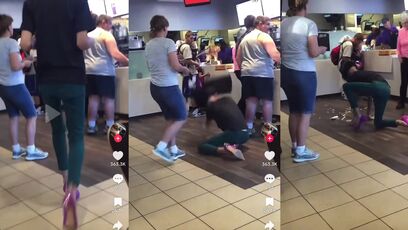 OOPS! Guy in heels and wig drops food all over