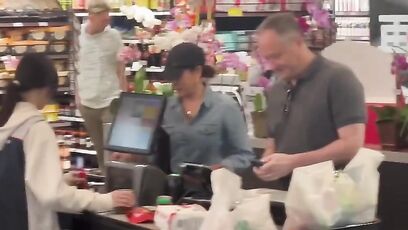 Doug and Kamala shopping with plastic bags, the same ones Democrats tell us to ban