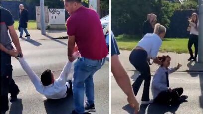 Fed up people throw protesters out of the street, drag by the hair