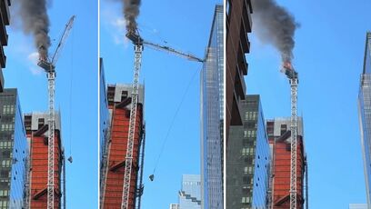 Crane carrying 16 tons of concrete catches fire, collapses