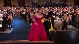 Jessica Chastain takes tiny tumble on stage
