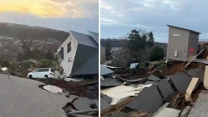 Road crumbles, house falls over during 7.6 earthquake in Japan