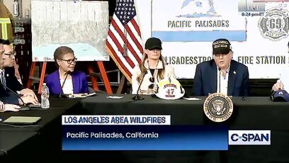 Guy takes Karen Bass' microphone away during talks with Trump