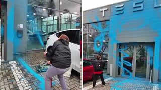 Activists vandalize a Tesla dealership
