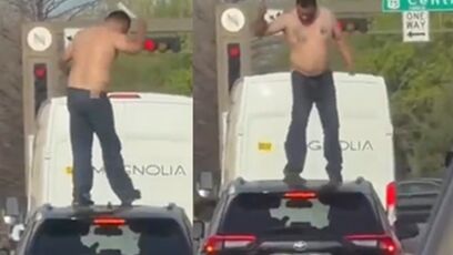 Man jumps on stranger's car in traffic