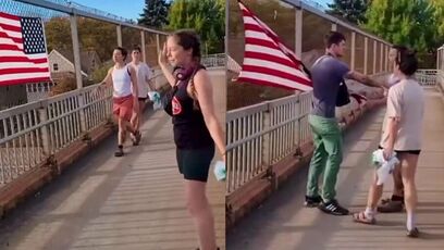 Group of feminists try destroying an American flag