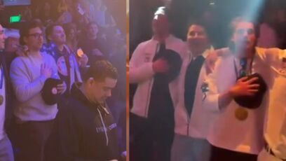 Men's USA hockey team sings National Anthem at Miami nightclub