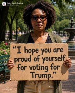 AI-generated image of a woman in a park holding a cardboard sign reading "I hope you are proud of yourself for voting for Trump."