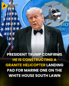 President Donald Trump in a tuxedo at a White House podium, with an inset image of a helicopter