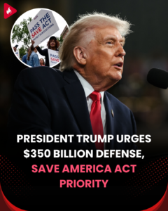 President Donald Trump speaking at a microphone, with an inset photo of demonstrators holding SAVE Act signs