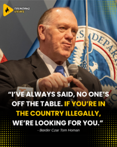 Border Czar Tom Homan speaking into a microphone in front of a U.S. Department of Homeland Security flag