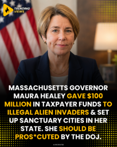 Massachusetts Governor Maura Healey seated before an American flag, with a caption calling for her DOJ prosecution over migrant spending