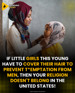 A woman in a hijab adjusts a headscarf on a young girl, both wearing patterned scarves.