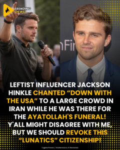 Two portraits of American commentator Jackson Hinkle beside a headline about anti-U.S. chants in Iran and citizenship revocation.