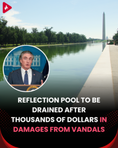 Interior Secretary Doug Burgum speaking, with the Lincoln Memorial Reflecting Pool and Washington Monument in the background