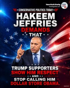 Graphic of Hakeem Jeffries pointing at a podium with text claiming he demands respect and to stop being called Dollar Store Obama